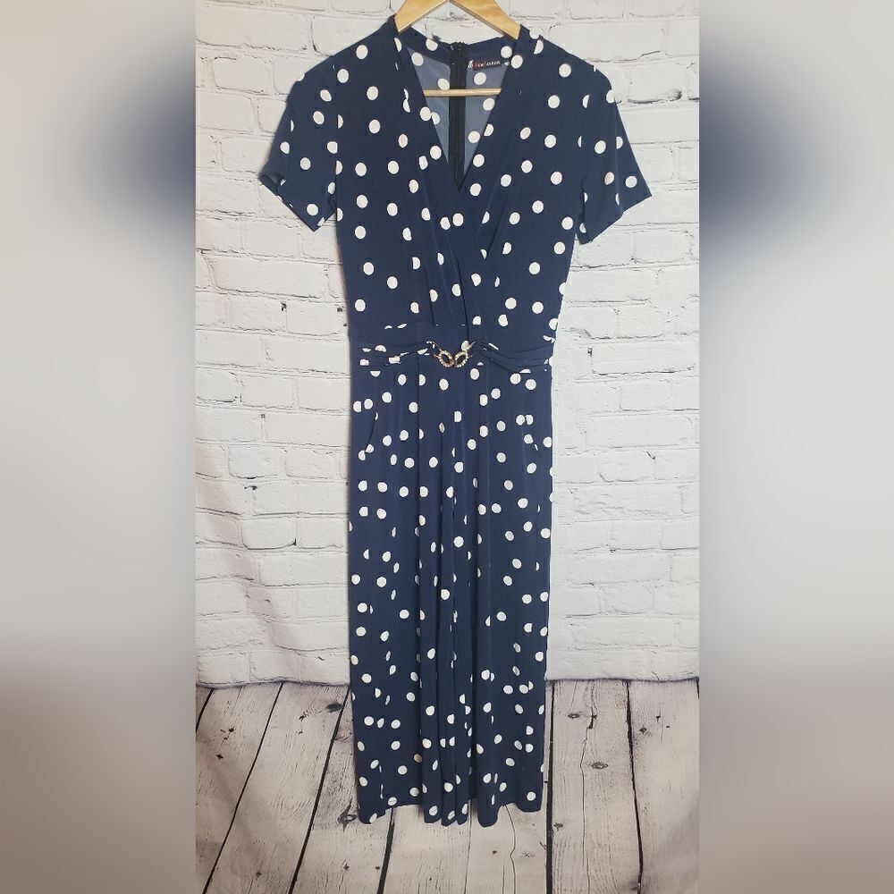 ‎New Fashion Navy Blue Polka Dot Pant Suit